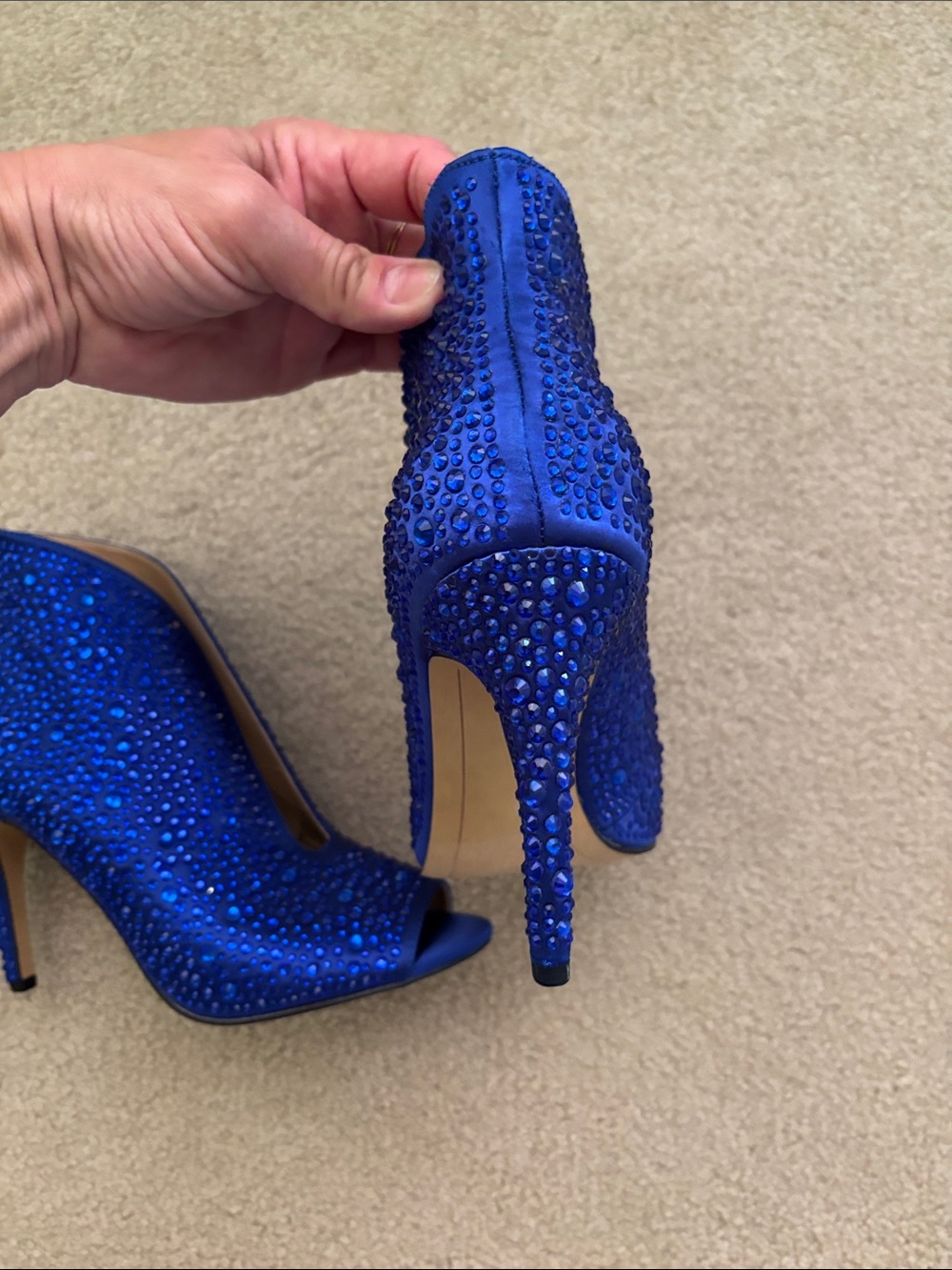 NWOT INC Blue Crystal Embellished Peep-Toe High Heel Booties - Picture 5 of 8